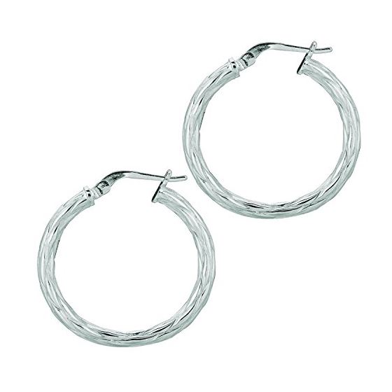 Ladies White Rhodium Silver Twisted Hoop Earring AGE508