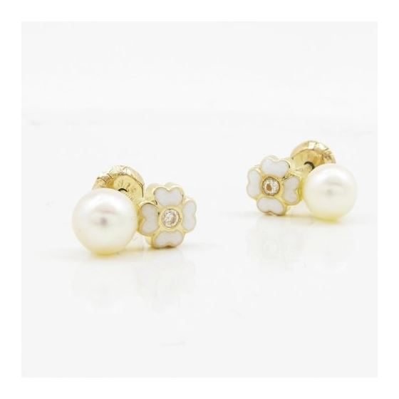 14K Yellow gold Flower pearl stud earrings for Children/Kids web93 3