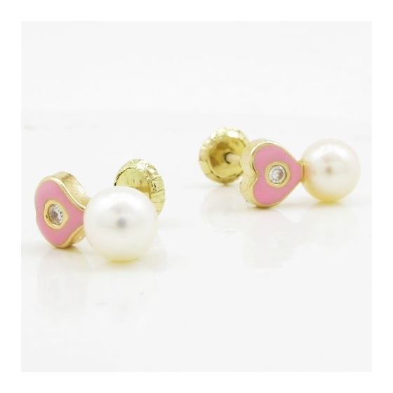 14K Yellow gold Heart pearl cz stud earrings for Children/Kids web173 3