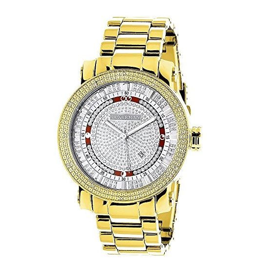 Luxurman Phantom Extra Large Yellow Gold Plated Mens Real Diamond Watch 0.12ct 1