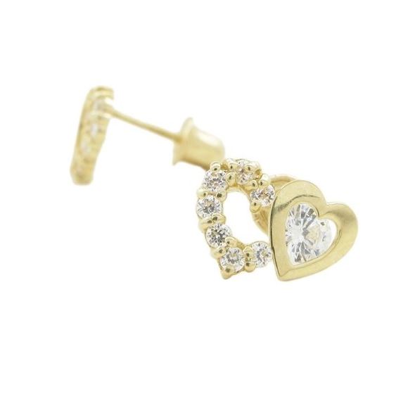 14K Yellow gold Dual heart cz stud earrings for Children/Kids web287 1