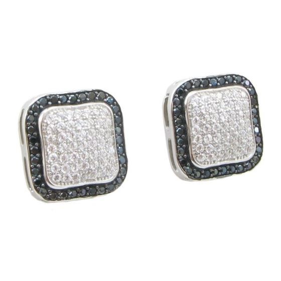 Mens .925 sterling silver Black and white 9 row rounded square earring 5mm thick and 12mm wide Size 