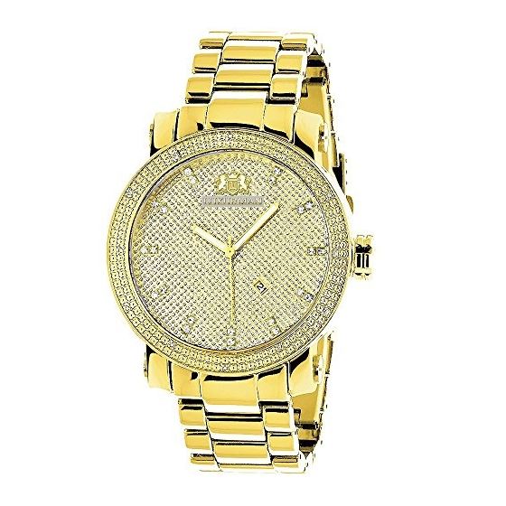 Luxurman Mens Genuine Diamond Watch 0.12ct Yellow Gold Plated Extra Straps 1