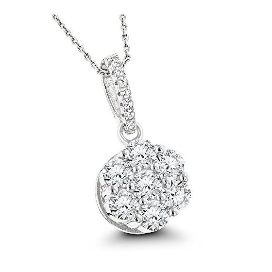 "Womens Sterling Silver Necklace Rhodium Plated Round Cubic Zirconia Cluster CZ Pendant with Chain 1