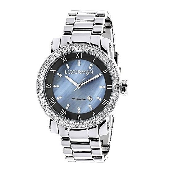 Luxurman Mens Diamond Watch 0.12ct Blue MOP Polished Silver Stainless Steel Case 1