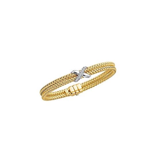 "Silver Rhodium Yellow Finish 3.8mm Double Row Basketweave 0.08ct White Diamond One ""X"" Bangle Fan