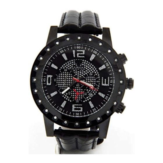 Mens Black Chrono Dial Black Leather Quartz Diamon