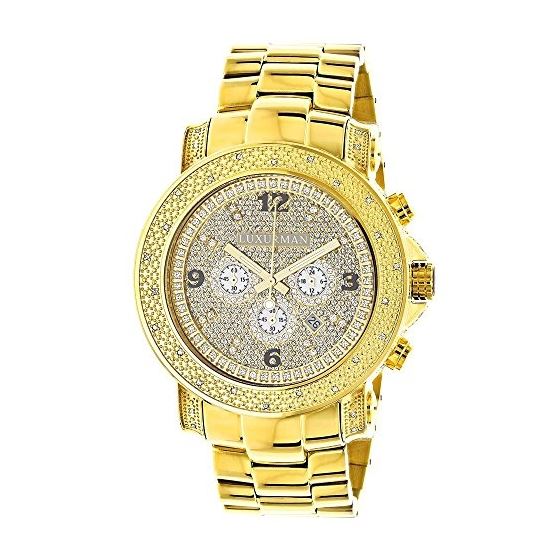 Luxurman Watch Mens Oversized Real Diamond Watch 0.75ct Yellow Gold Chronograph 1