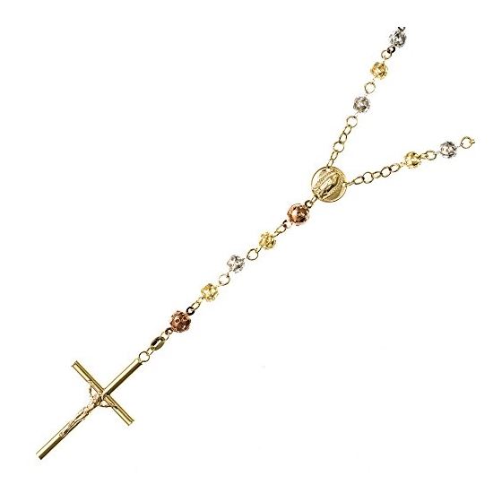14K 3 TONE Gold HOLLOW ROSARY Chain - 28 Inches Long 5.2MM Wide 1