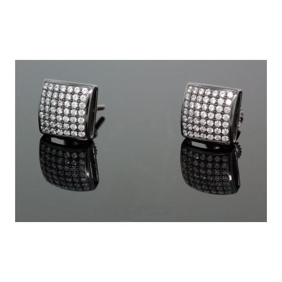 .925 Sterling Silver Black Square White Crystal Micro Pave Unisex Mens Stud Earrings 1