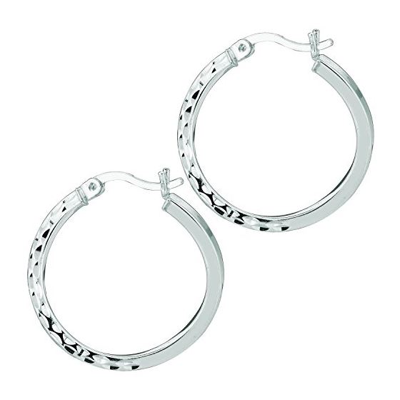 Ladies White Rhodium Silver Textured Hoop Earring AGE583