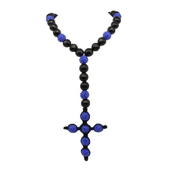 "Black Onyx Ball Bead Rosary Chain with Blue Swarovski Crystals 28"" 26"""