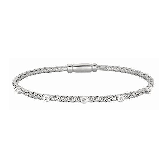 Silver Rhodium Finish 2.95mm Basketweave Bangle 0.05ct Five Round Circle Fancy Bangle with Box Clasp