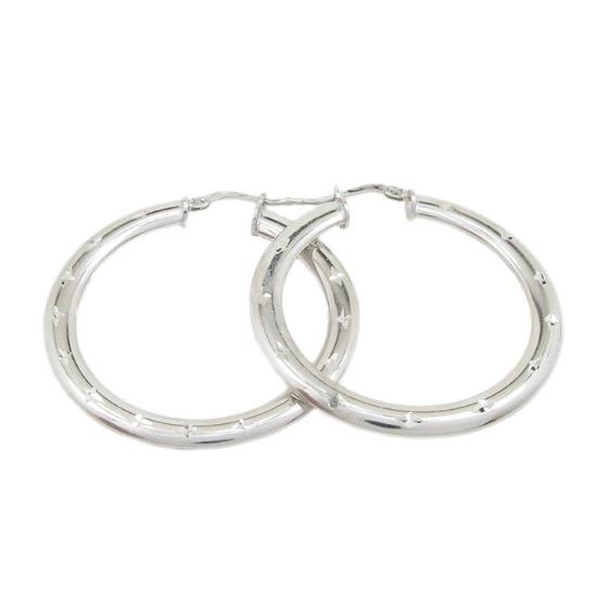 Round silver diamond cut hoop earring SB74 40mm tall and 37mm wide 1