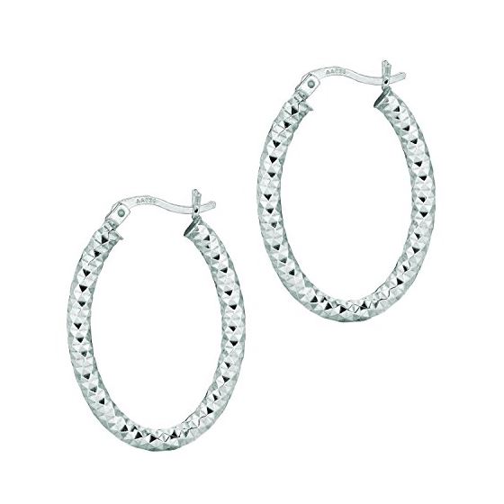 Ladies White Rhodium Silver Diamond Cut Hoop Earring AGE573