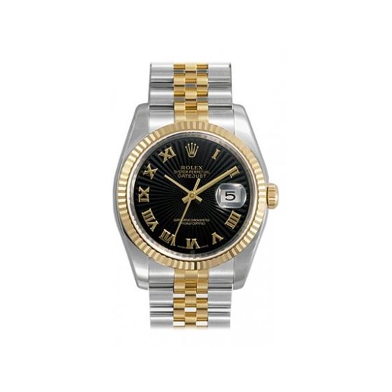 Rolex Datejust Black Sunburst Roman Dial Jubilee Bracelet Two Tone Mens Watch 116233BKSBRJ