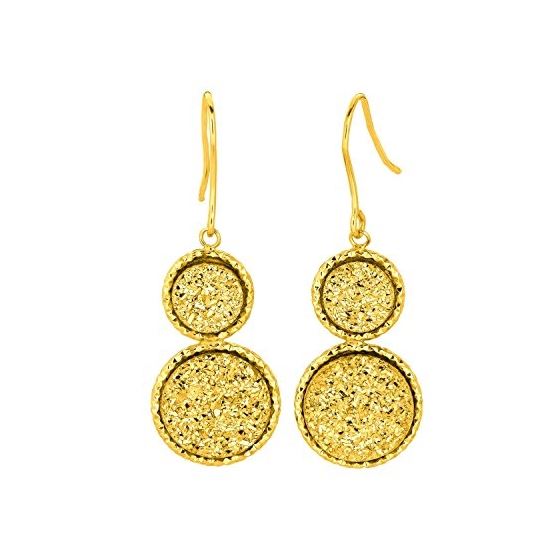 14K Yellow Gold Textured 2 Drop Disc Earring With