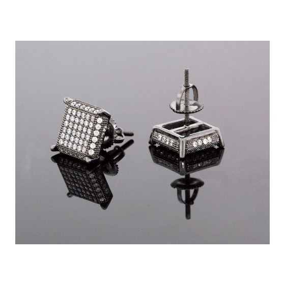 .925 Sterling Silver Black Square White Crystal Micro Pave Unisex Mens Stud Earrings 3