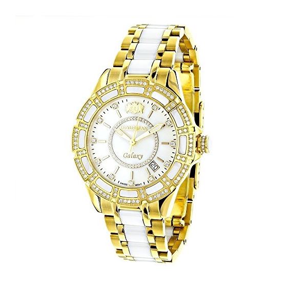 Luxurman Ladies Real Diamond Ceramic Watch 1.25ct White MOP Galaxy Yellow Gold 1