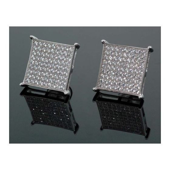 .925 Sterling Silver White Square White Crystal Micro Pave Unisex Mens Stud Earrings 1