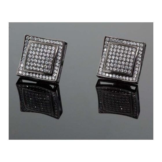 .925 Sterling Silver Black Square White Crystal Micro Pave Unisex Mens Stud Earrings 1