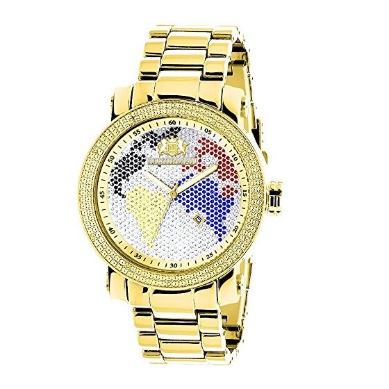 Luxurman World Map Mens Genuine Diamond Watch Yellow Gold Plated 0.12ct 1