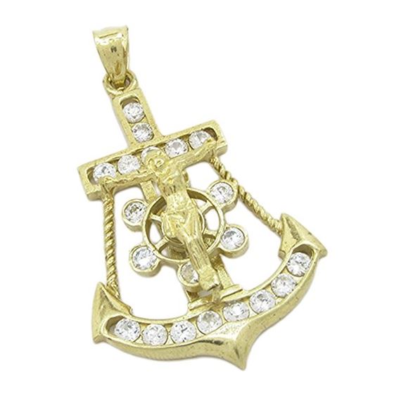 Mens 10k Yellow gold White gemstone jesus anchor wheel charm EGP64 1