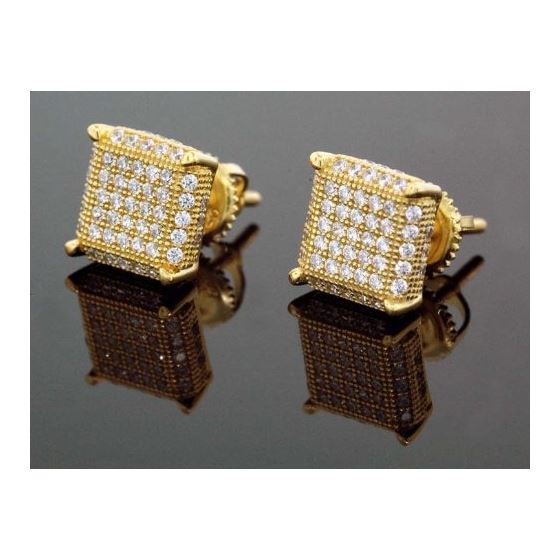 .925 Sterling Silver Yellow Square White Crystal Micro Pave Unisex Mens Stud Earrings 1