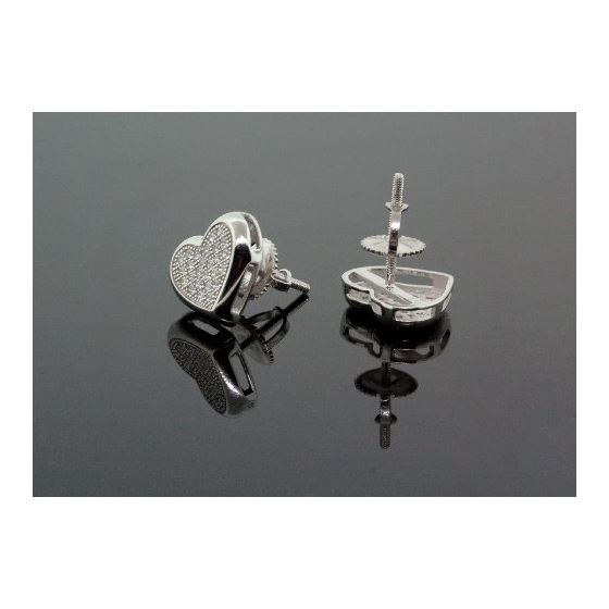 .925 Sterling Silver White Heart White Crystal Micro Pave Unisex Mens Stud Earrings 3