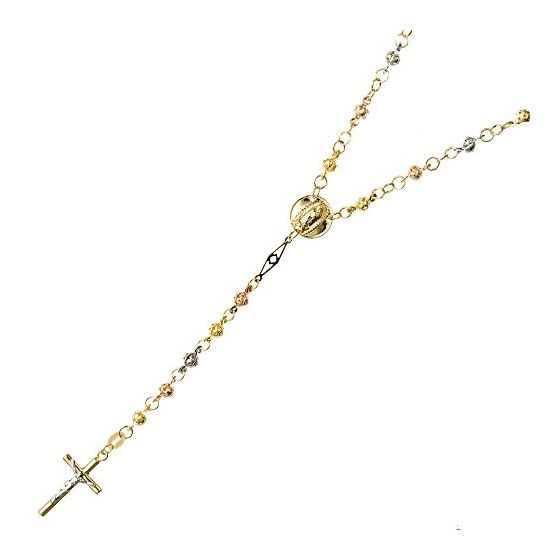 14K 3 TONE Gold HOLLOW ROSARY Chain - 30 Inches Long 3.6MM Wide 1