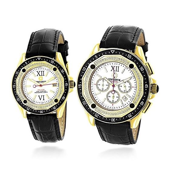 His and Hers Centorum Matching Real Diamond Watch Set: 1.05ct Leather Straps 1