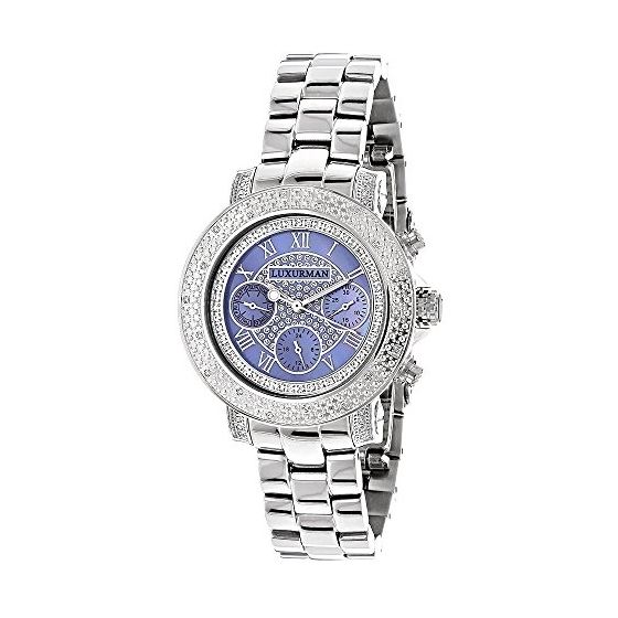 Luxurman Ladies Diamond Watch 0.30ct Blue MOP Sparkling Stones Three Chronograph 1