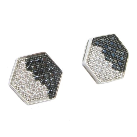 Mens .925 sterling silver White and black hexagon earring 1 MLCZ218 3mm thick and 12mm wide Size 1