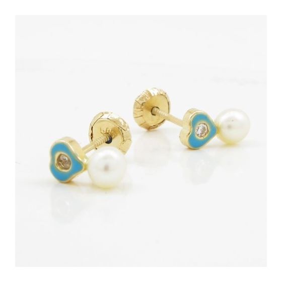 14K Yellow gold Heart cz pearl stud earrings for Children/Kids web133 3