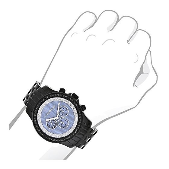 Luxurman Phantom Mens Black Genuine Diamond Watch 2.25ct Blue MOP Chronograph 3
