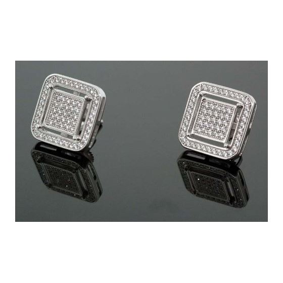 .925 Sterling Silver White Square White Crystal Micro Pave Unisex Mens Stud Earrings 1