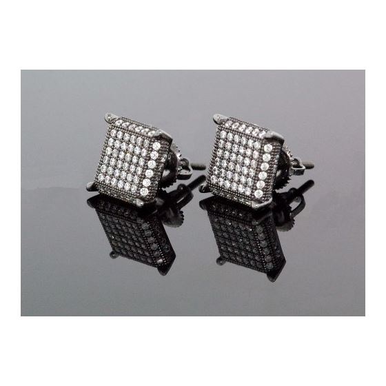 .925 Sterling Silver Black Square White Crystal Micro Pave Unisex Mens Stud Earrings 1