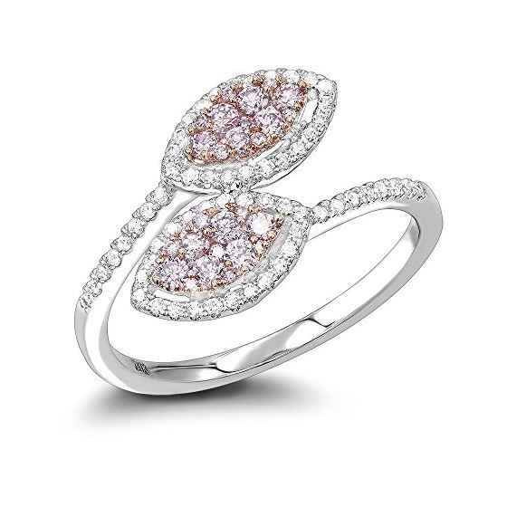 14K White Pink Diamond Leaf Ring For Women Floral