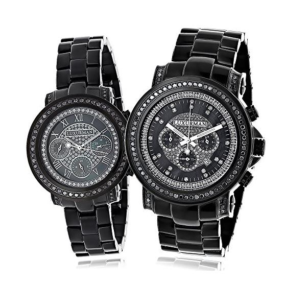 Large Matching His and Hers Genuine Black Diamond Watch Set by Luxurman 5.15ct 1