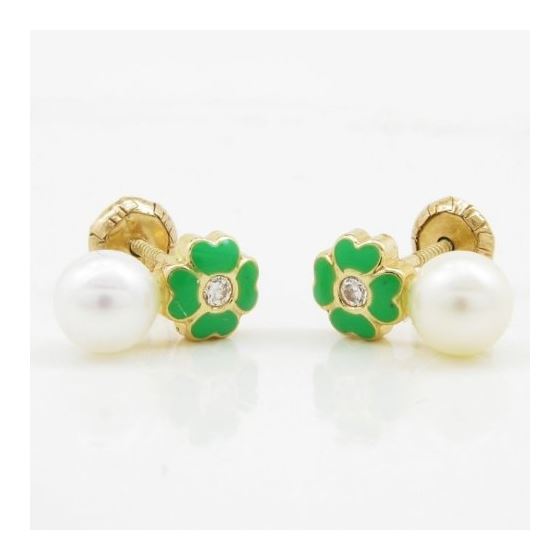 14K Yellow gold Flower pearl stud earrings for Children/Kids web90 3