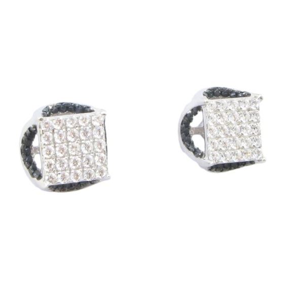 Mens .925 sterling silver White and black round square earrings MLCZ184 5mm thick and 10mm wide Size