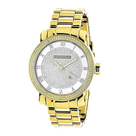 Luxurman Watches: Mens Real Diamond Watch 0.12ct Polished Yellow Gold Tone 1