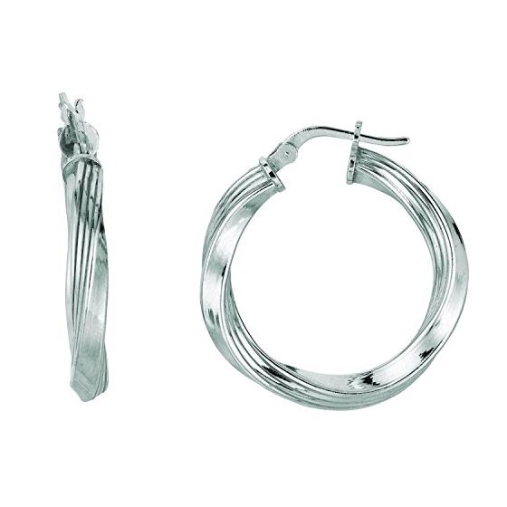 Ladies White Rhodium Silver Twisted Hoop Earring AGE954