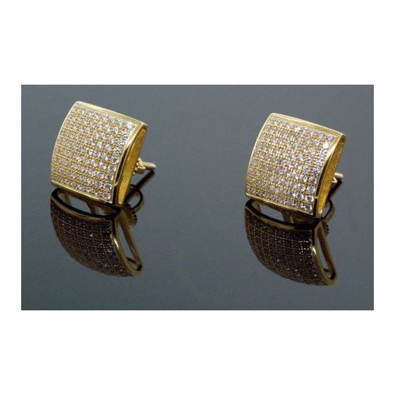 .925 Sterling Silver Yellow Square White Crystal Micro Pave Unisex Mens Stud Earrings 1