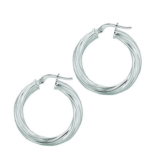 Ladies White Rhodium Silver Twisted Hoop Earring AGE514