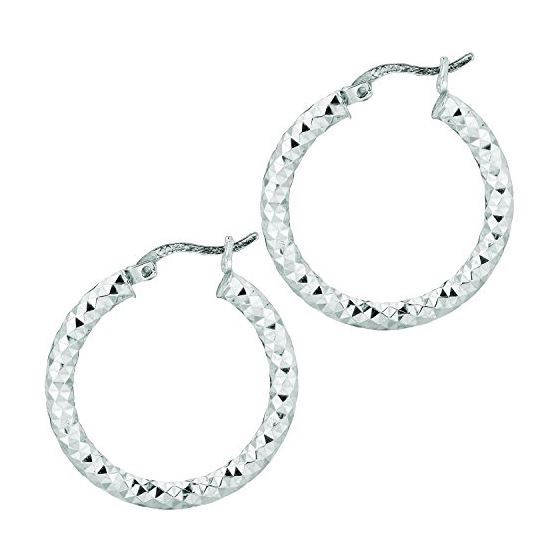 Ladies White Rhodium Silver Diamond Cut Hoop Earring AGE561