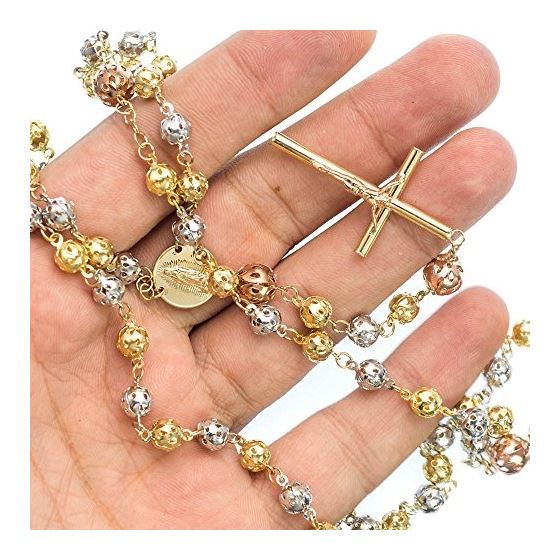 14K 3 TONE Gold HOLLOW ROSARY Chain - 30 Inches Long 6.2MM Wide 3