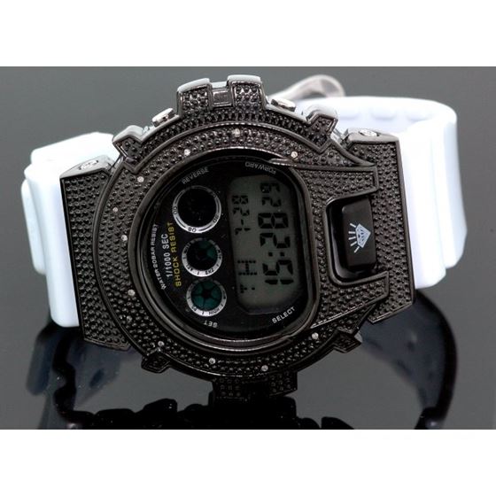 Ice Plus Mens Diamond Shock Style Watch Black Case White Band 1