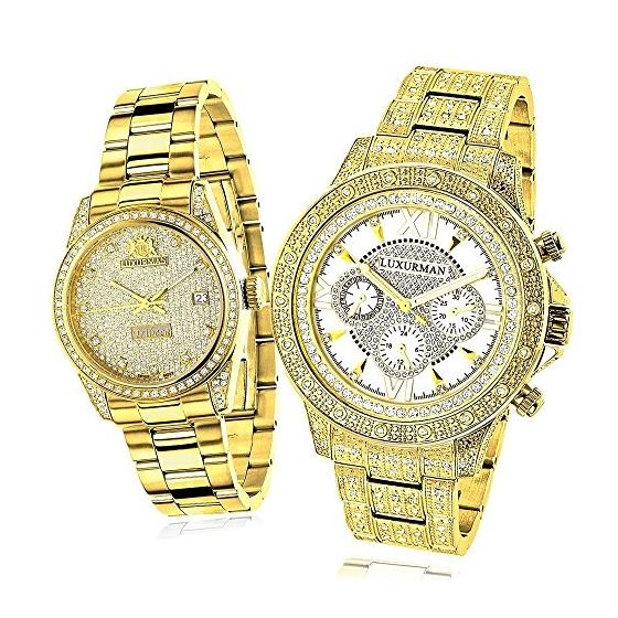 His and Hers Classic Luxurman 18K Yellow Gold Plated Diamond Watch Set 2.75ct 1