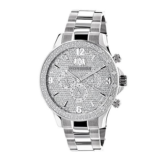 Mens Real Diamond Watch by Luxurman Liberty 0.2ct Swiss Movement Steel Band 1